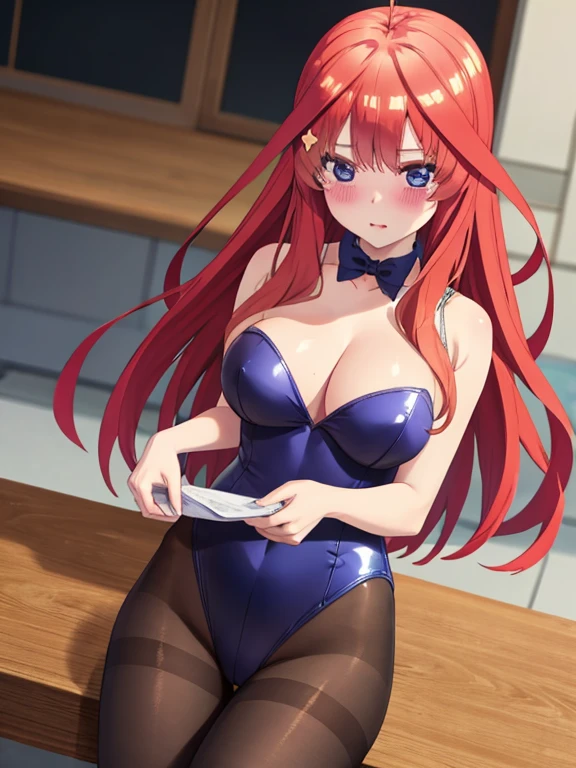 best quality, masterpiece, high quality, insanely detailed, itsuki nakano, breasts, pantyhose, blush,magical girl leotard
