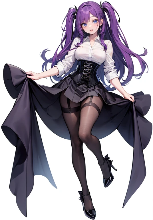 ((Perfect Face)),Purple Hair,long hair,Adult female,White shirt,((Shirt with rolled up sleeves)),(((Roll up your sleeves))),((corset)),skirt,(High heels),((Simple White Background)),((full body)),((Full Body)),