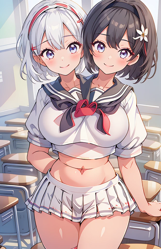 (masterpiece),best quality:1.5, ultra-detailed, high resolution, high quality, 16K, ((2heads:1.5)), ((black hair)), ((white hair)), (different hair colors), (1girl), conjoined twins, ((white seifuku crop top:1.5)), bow ties, crop top. (mini skirt with pleats), classroom, (gold eyes), (silver eyes), (different eye colors), short hair, student miniblouse, (headband), gentle smile, open belly, exposed midriff, huge tits