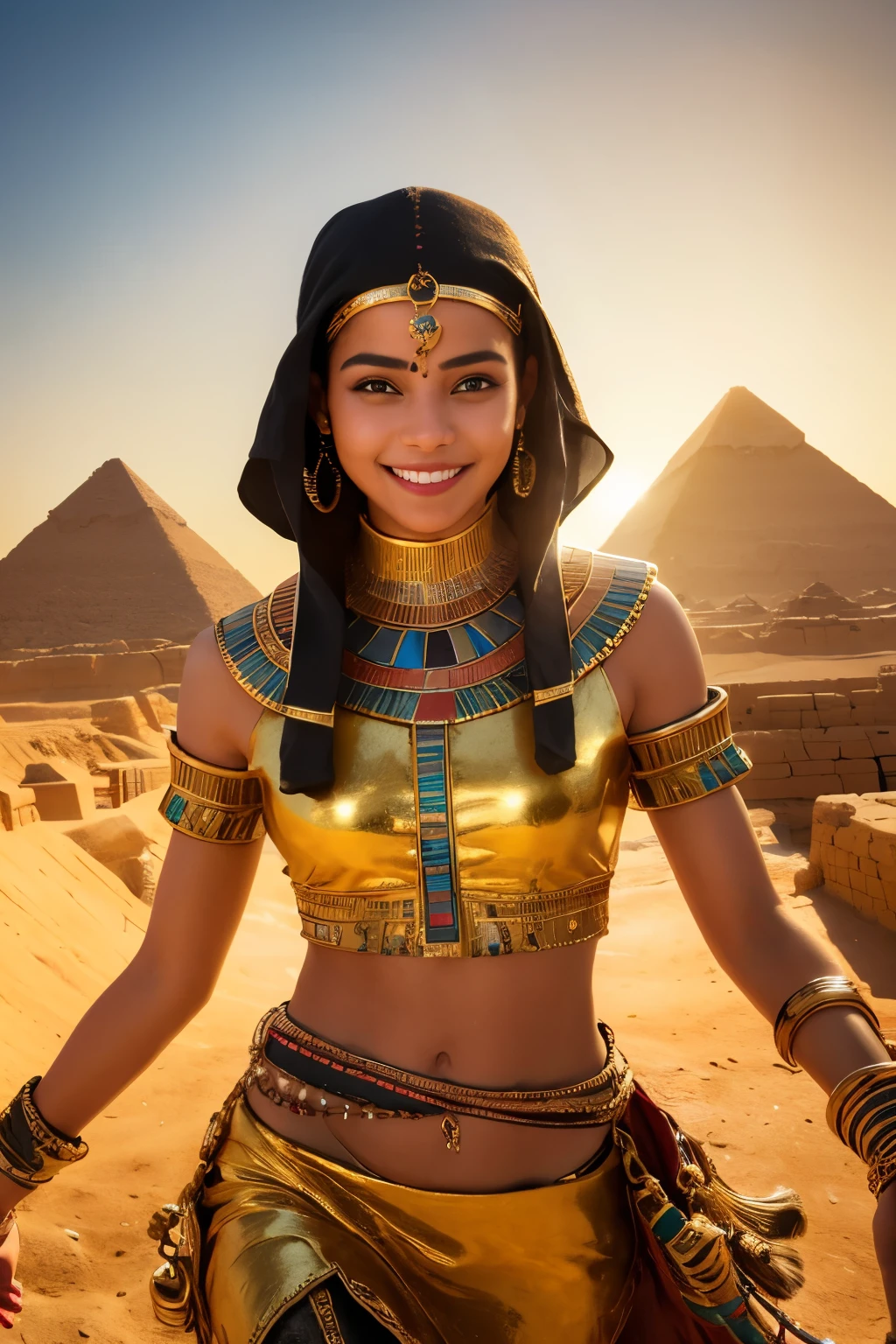 a young girl visiting the egyptian pyramids, smiling, adventurous style, energetic, highly detailed, photorealistic, 8k, hyperrealistic, extremely detailed, cinematic lighting, warm color tones, dramatic shadows, ornate jewelry, intricate clothing details, confident pose, dynamic composition, golden hour lighting, volumetric fog, atmospheric haze