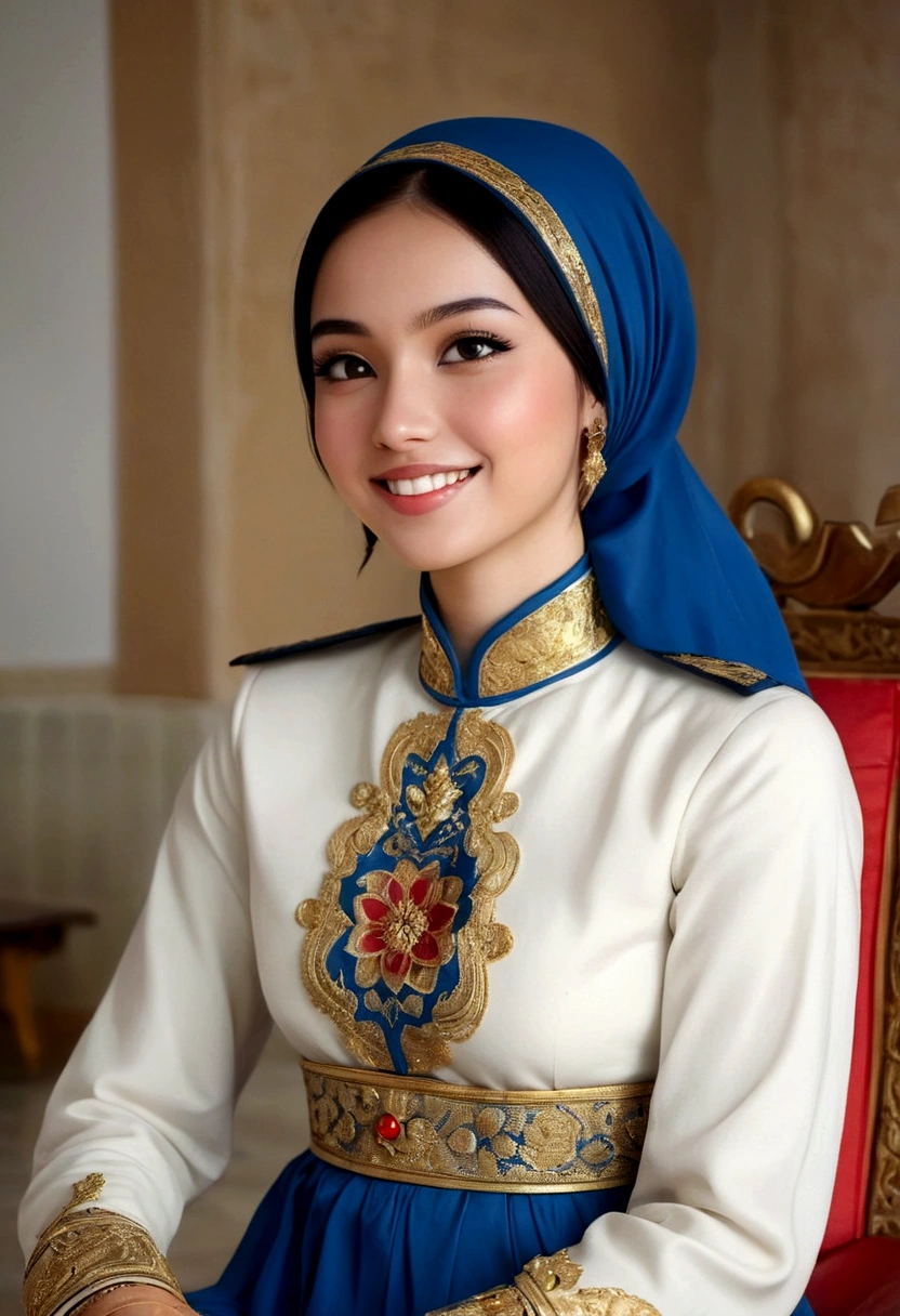 a beautiful girl with white skin and black hair who was sitting on the king's throne, dressed in military trousers and black leather boots. very beautiful young girl 25 year old, white skin and glow, wearing a blue hijab and a long white dress flower full color motif , and with yellow dress trousers and red Nike shoes, standing indoor modern home. He was smiling happily, he a smiling happy and whispering kindness to the woman. Dramatic and spiritual feel. realistic. The atmosphere of the picture is a realistic old Banten royal palace. the lighting is quite bright in the open field.