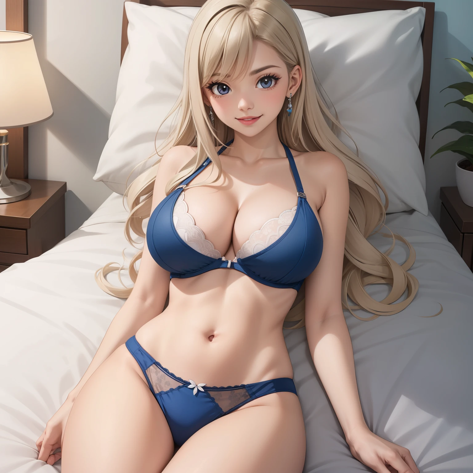 Rebecca Bluegarden, Woman 25 years old, cabello rubio ceniza, ojos azules como zafiros, pechos grandes,  detailed light blue bra and panties, gotas de sudor en su pecho, manos perfectas, fondo una cama lujosa, rubia, pelo rubio, mujer de cabello ubio ceniza.1 sola chica, mujer sola. sonrisa, rubor. gotas de sudor en su pecho.