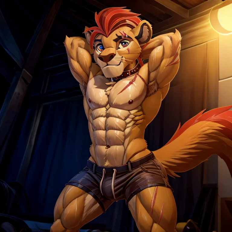 a high resolution, (((masterpiece))), 8K, excellent lighting, detailed face and body,4K, a high resolution, Best quality, masterpiece, Perfect colors, perfect shadows, Ideal lighting,.,шортыmasterpiece, detailed, beautiful digital art, masterpiece, 4K, small parts, Anthro, a lion, What, male, ((male род)), good quality anatomy, ((beautiful eyes)), Red Mane, ((beautiful hands, detailed hands)), (I look at the viewer), I look at the viewer, whole body, anime style, from NOMMZ, by Heichel, Oyuki Benten.The collar is worn around the neck. , Member, big tail, blushing, Slim, болишой Member,, soft shading, perfect anatomy, Ideal lighting, perfect focus, Bright, 1 boy, fluffy, fluffy кот, Anthroпоморфный, male, scales in tone, very big,Soft fur, detailed body, .очень high,slender, full length, there is fur,, pumped up, Slim,, , muscular, in the room, , ,submission, , high, , full length, very big рост, ,visible abs, очень pumped up, , standing, ,sweaty，Especially a lot of scars:2，Lots of scars,,afraid of the owner, boy 18 years old, very pumped up, obedient whore, broken,musculature, , personal slave, gay, a fag, kion pet, very Стройный, very thin waist, Cute, muscular, fluffy hair, Suffocates, ,очень pumped up,wants to please the viewer , очень pumped up, , Very Close to the Viewer, worth it, очень pumped up, очень pumped up, Very Close to the Viewer,очень pumped up, , very strong，muscle,, болишой Member,,,inflection, big biceps, (Detailed eyes). , , sinewy muscles.,(seductive face: 1.2), ideal male body. sweaty, disturbance, red face,reduce,curb, subdue, hands behind head, in shorts, break,