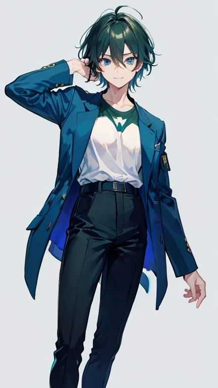 masterpiece,large breast:1.3 , huge hip:1.3, full body,dark green medium hair,otoko no ko,male focus,1boy,solo,looking at viewer,jacket,long sleeves,smile,hair between eyes,pants,bangs,blue jacket,bike pants,simple background,blue eyes