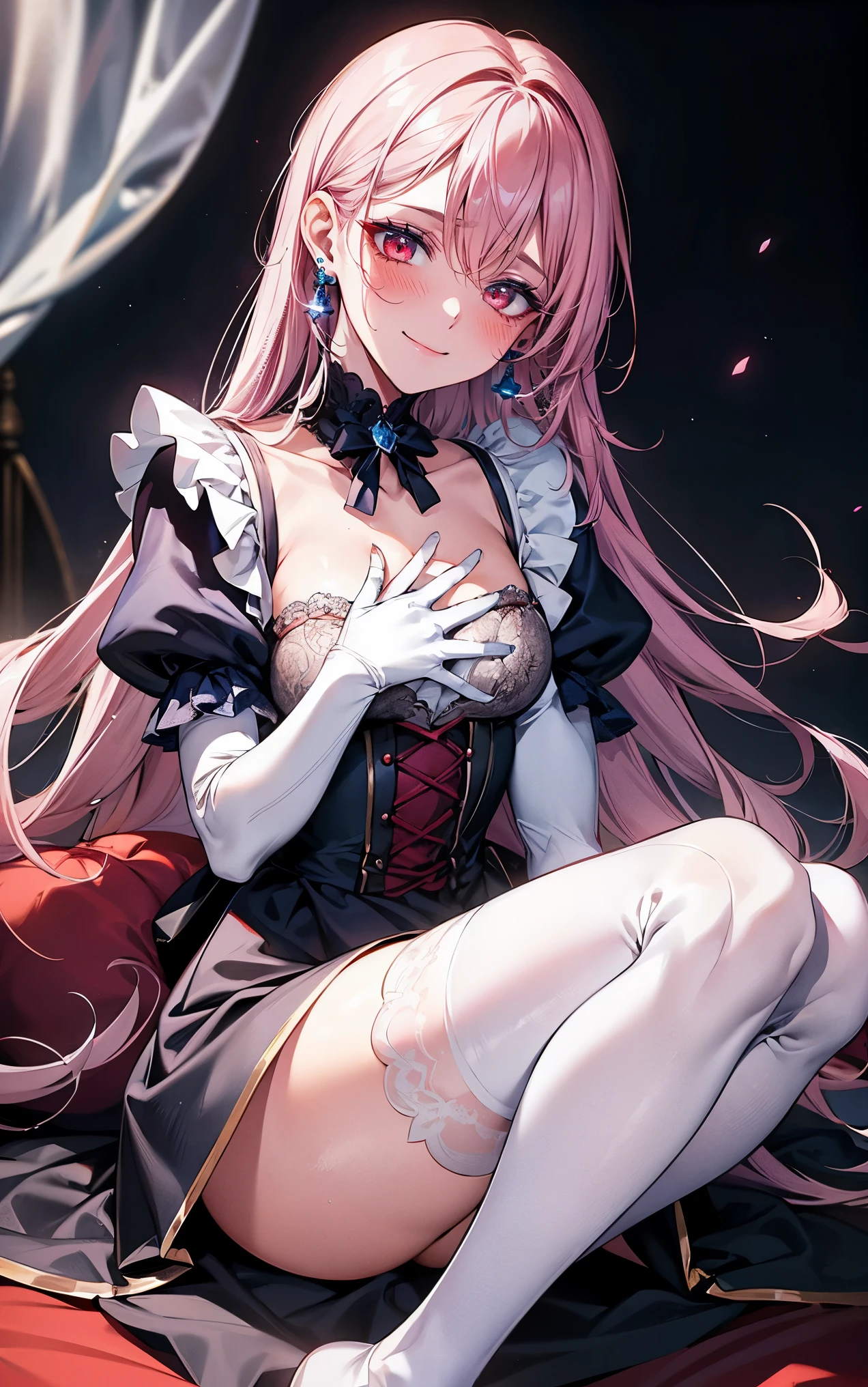 , Red eyes ,Blue eyeshadow, One Girl, alone, , Earrings ,Show Viewer, blush, , long white elbow satin gloves, , Maid clothes、Clothing covering the chest Jewelry, very, A kind smile, Long white elbow gloves, White gloves, 、whole body、Muscles of a man、sexy、Knee-high socks、Sweaty。High resolution、8k