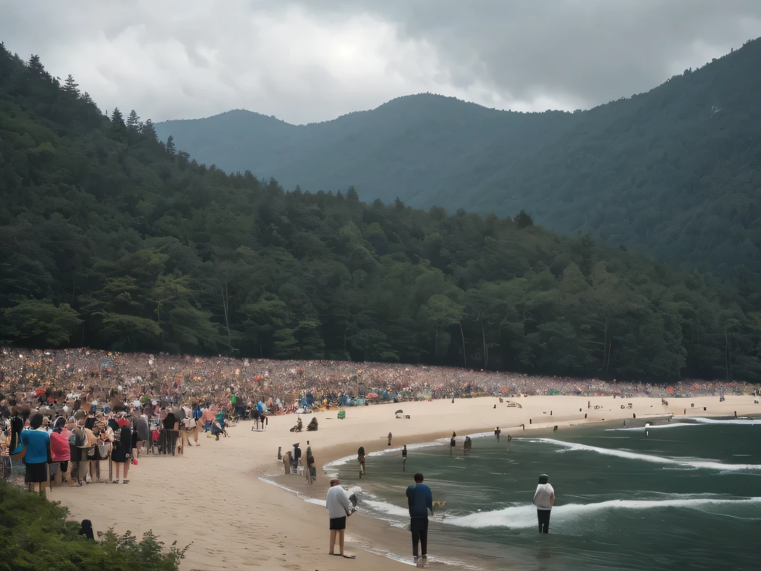 A large crowd on a lake beach, looking up towards the viewer, viewer above lake water, pacific northwest forest edge beyond the beach, (best quality,8k,highres,masterpiece:1.2),ultra-detailed,(realistic,photorealistic,photo-realistic:1.37),high angle,dramatic lighting,cinematic,atmospheric,moody,contemplative,serene,peaceful,tranquil,stunning landscape,lush greenery,dense forest,lakefront,beach,people,crowd,faces partially obscured,looking up,awe-inspiring,breathtaking,powerful