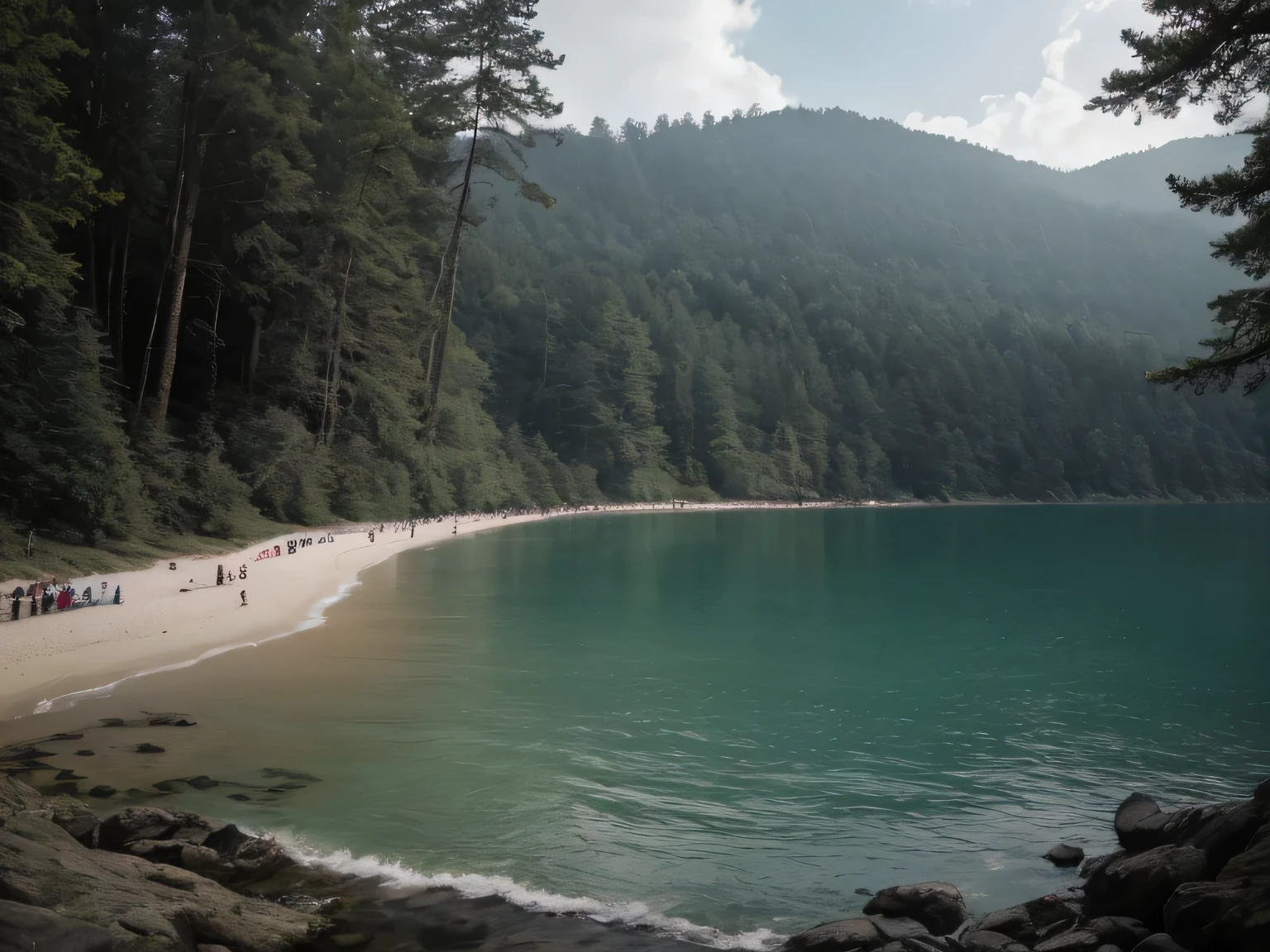 A large crowd on a lake beach, looking up towards the viewer, viewer above lake water, pacific northwest forest edge beyond the beach, (best quality,8k,highres,masterpiece:1.2),ultra-detailed,(realistic,photorealistic,photo-realistic:1.37),high angle,dramatic lighting,cinematic,atmospheric,moody,contemplative,serene,peaceful,tranquil,stunning landscape,lush greenery,dense forest,lakefront,beach,people,crowd,faces partially obscured,looking up,awe-inspiring,breathtaking,powerful