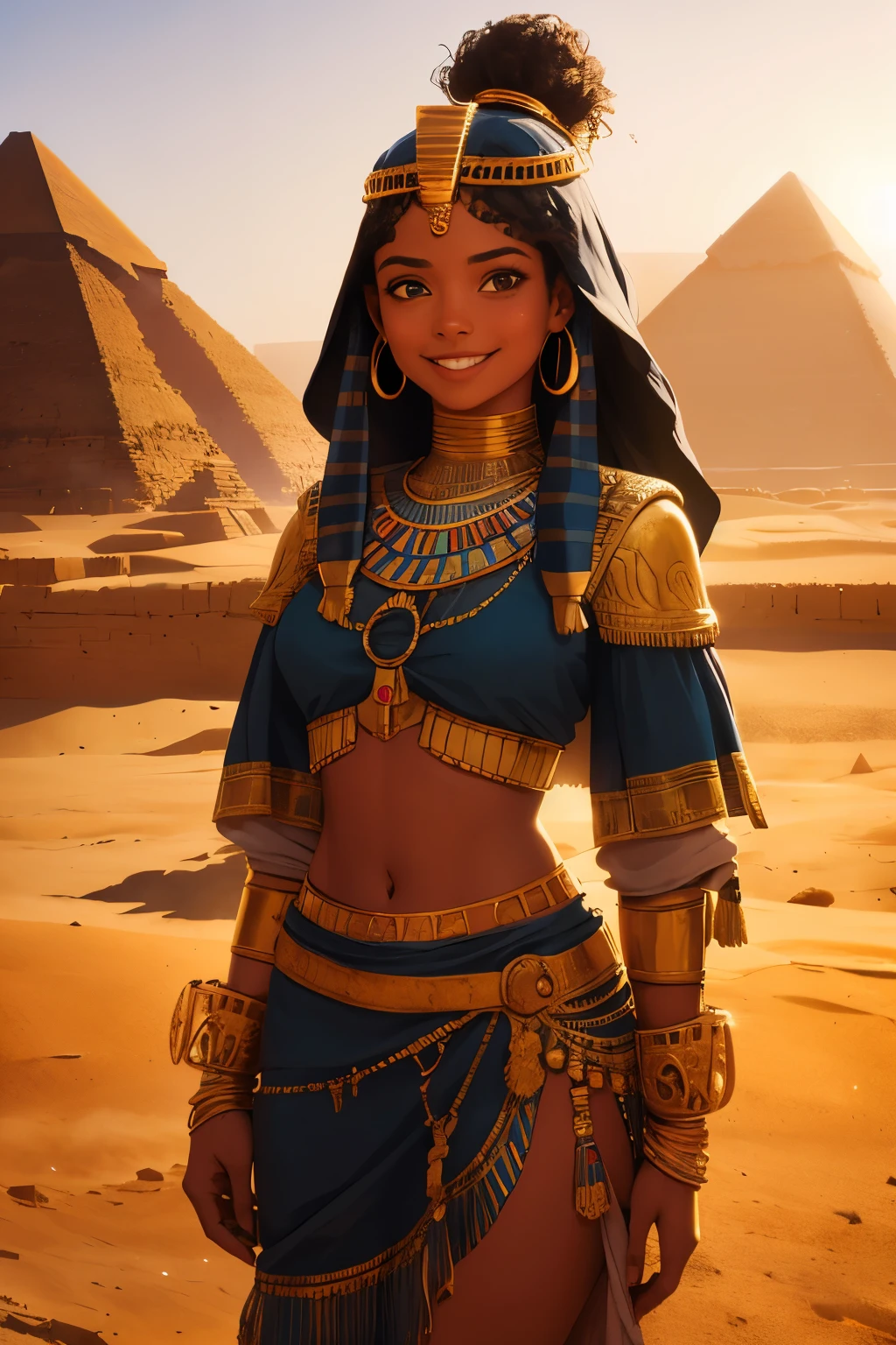 a young girl visiting the egyptian pyramids, smiling, adventurous style, energetic, highly detailed, photorealistic, 8k, hyperrealistic, extremely detailed, cinematic lighting, warm color tones, dramatic shadows, ornate jewelry, intricate clothing details, confident pose, dynamic composition, golden hour lighting, volumetric fog, atmospheric haze