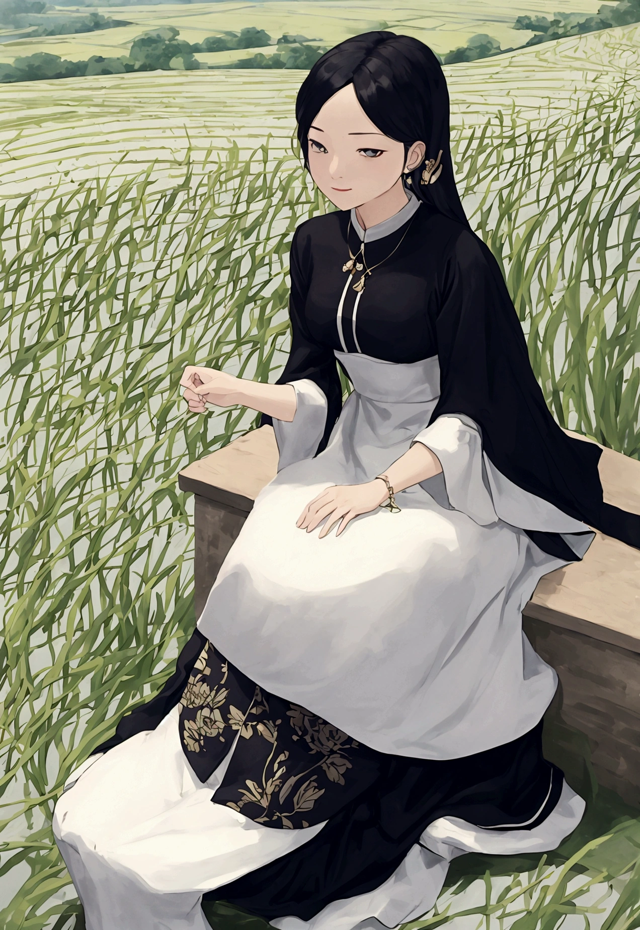 Illustration of a rich woman sitting and looking at a rice field. Wide angle, straight face, Tha Ro card style.