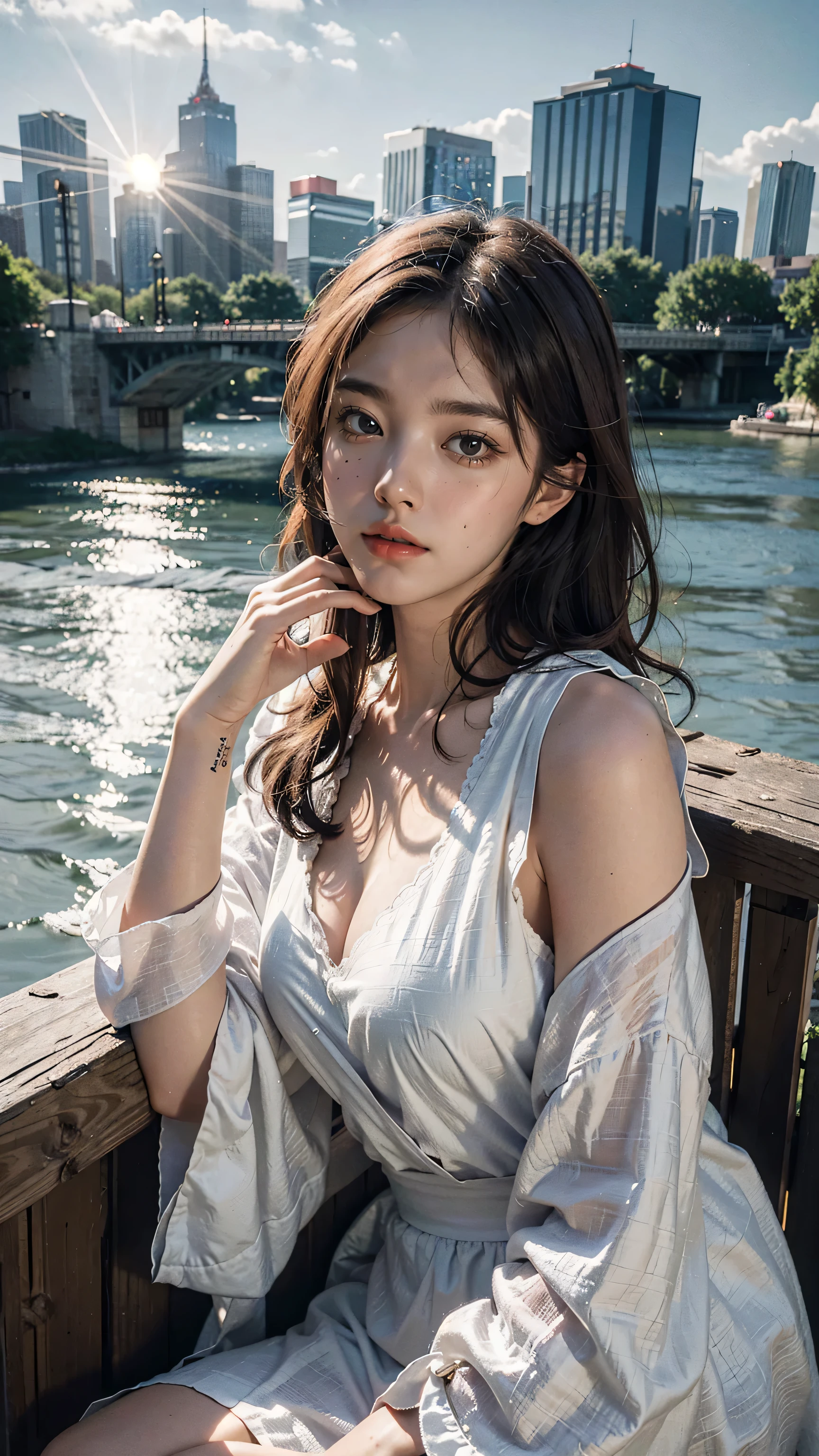 best quality, masterpiece, photo realistic, intricate details, raw photo, photon rendering, octane render, absurdres, ultra detailed, detailed face, detailed skin, trending on artstation,8k masterpiece,cinematic lighting, scenery, scenery, no humans, cityscape, sky, city, cloud, outdoors, building, sunset, city lights, bridge, river, tree, roadn, artist name,