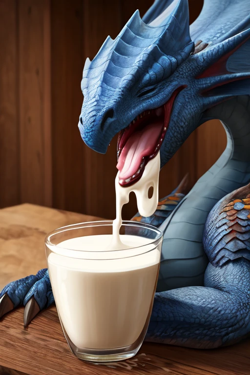 Tiny Dead wyvern body laying on the table. Eyes closed. Strapped to the table with leather straps. Mouth wide open, close up. Milk dripping out of mouth. Milk on top of head. Photorealistic