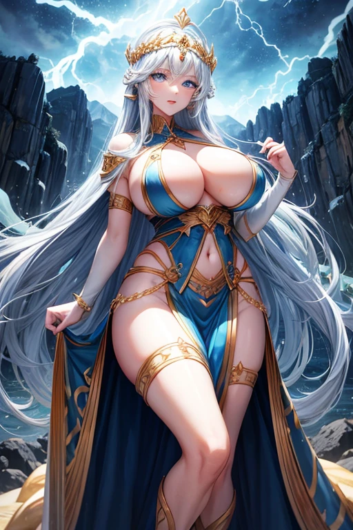 Goddess of king, queens, thunder and lighting, white skin, long hair, hair color mix of light and dark blue , large breasts, milf body, blue eyes, perfect lighting strom on a mountain background 