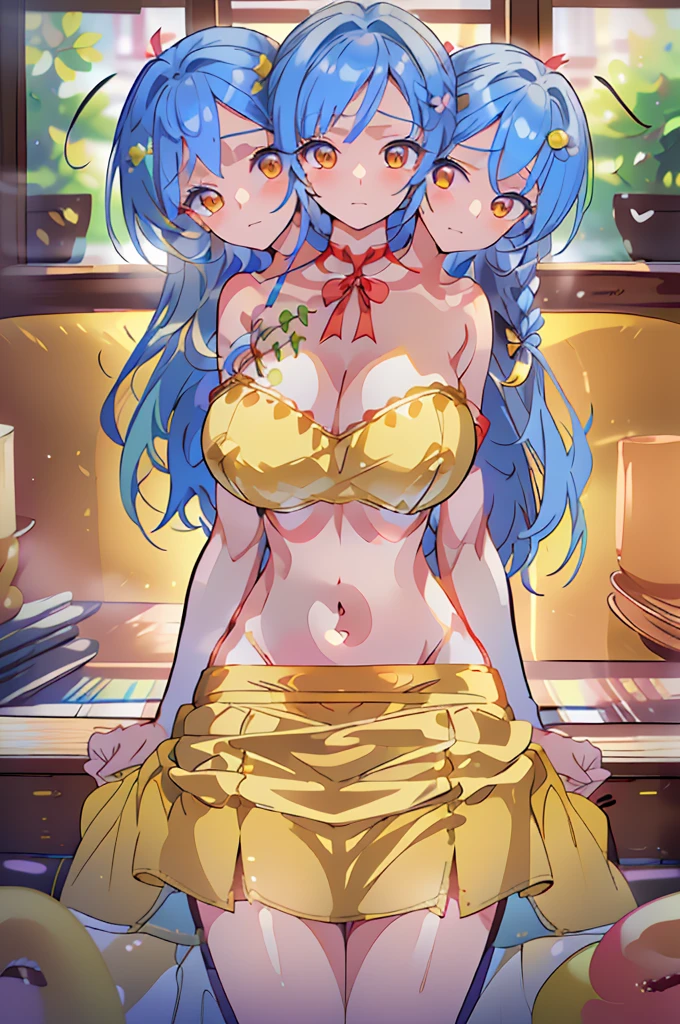 (masterpiece, best quality),best quality, (ultra-detailed), (3heads:1.5), 1girl, (label girl (dipp):1.3), masterpiece, ultra quality, ultra resolution, ultra detail, white top, crop top, ((stomach)), midriff, ((groin)), red skirt, normal ears, , blue hair, very long hair, wavy hair, sidelocks, yellow eyes, detailed eyes, parted lips, open belly, sweat, cute, toned belly, hand on own , eyelashes, (22 year old woman:1.3), (masterpiece:1.5), (best quality:1.5), (beautiful detailed extremely detailed CG, extremely delicate and beautiful, depth of field, (finely detailed face), (perfect details:1.2), (mature female:1.3), wide pelvis, slender, large veiny , 16k resolution, highres, high quality, high definition, extremely detailed, masterpiece, best quality, blue hair, long hair, alluring presence, braid, short skirt, close up, very big , very huge , young, star hair ornament, yellow ribbon, side ponytail, cabbie hat, hair ornament,
