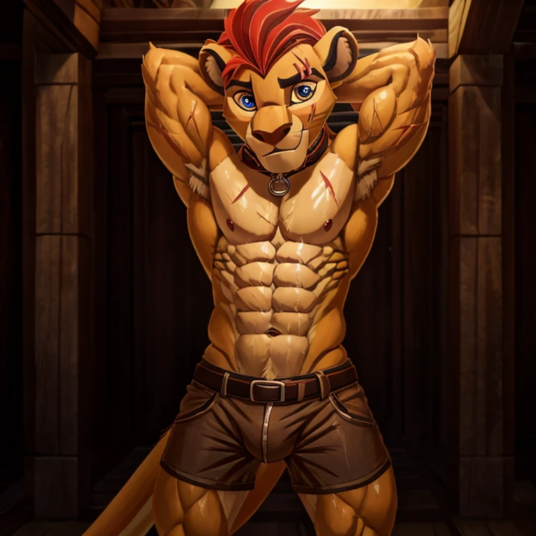 a high resolution, (((masterpiece))), 8K, excellent lighting, detailed face and body,4K, a high resolution, Best quality, masterpiece, Perfect colors, perfect shadows, Ideal lighting,.,шортыmasterpiece, detailed, beautiful digital art, masterpiece, 4K, small parts, Anthro, a lion, What, male, ((male род)), good quality anatomy, ((beautiful eyes)), Red Mane, ((beautiful hands, detailed hands)), (I look at the viewer), I look at the viewer, whole body, anime style, from NOMMZ, by Heichel, Oyuki Benten.The collar is worn around the neck. , Member, big tail, blushing, Slim, болишой Member,, soft shading, perfect anatomy, Ideal lighting, perfect focus, Bright, 1 boy, fluffy, fluffy кот, Anthroпоморфный, male, scales in tone, very big,Soft fur, detailed body, .очень high,slender, full length, there is fur,, pumped up, Slim,, , muscular, in the room, , ,submission, , high, , full length, very big рост, ,visible abs, очень pumped up, , standing, ,sweaty，Especially a lot of scars:2，Lots of scars,, boy 18 years old, very pumped up, obedient whore, ,musculature, , personal slave, gay, a fag, kion pet, very Стройный, very thin waist, Cute, muscular, fluffy hair, Suffocates, ,очень pumped up,wants to please the viewer , очень pumped up, , Very Close to the Viewer, worth it, очень pumped up, очень pumped up, Very Close to the Viewer,очень pumped up, , muscle,, болишой Member,,,inflection, big biceps, (Detailed eyes). , , sinewy muscles.,(seductive face: 1.2), ideal male body. sweaty, disturbance, red face,reduce,curb, subdue, hands behind head, in shorts, break,Tied up and imprisoned，The mouth is covered with something，Full of desire to survive，obey