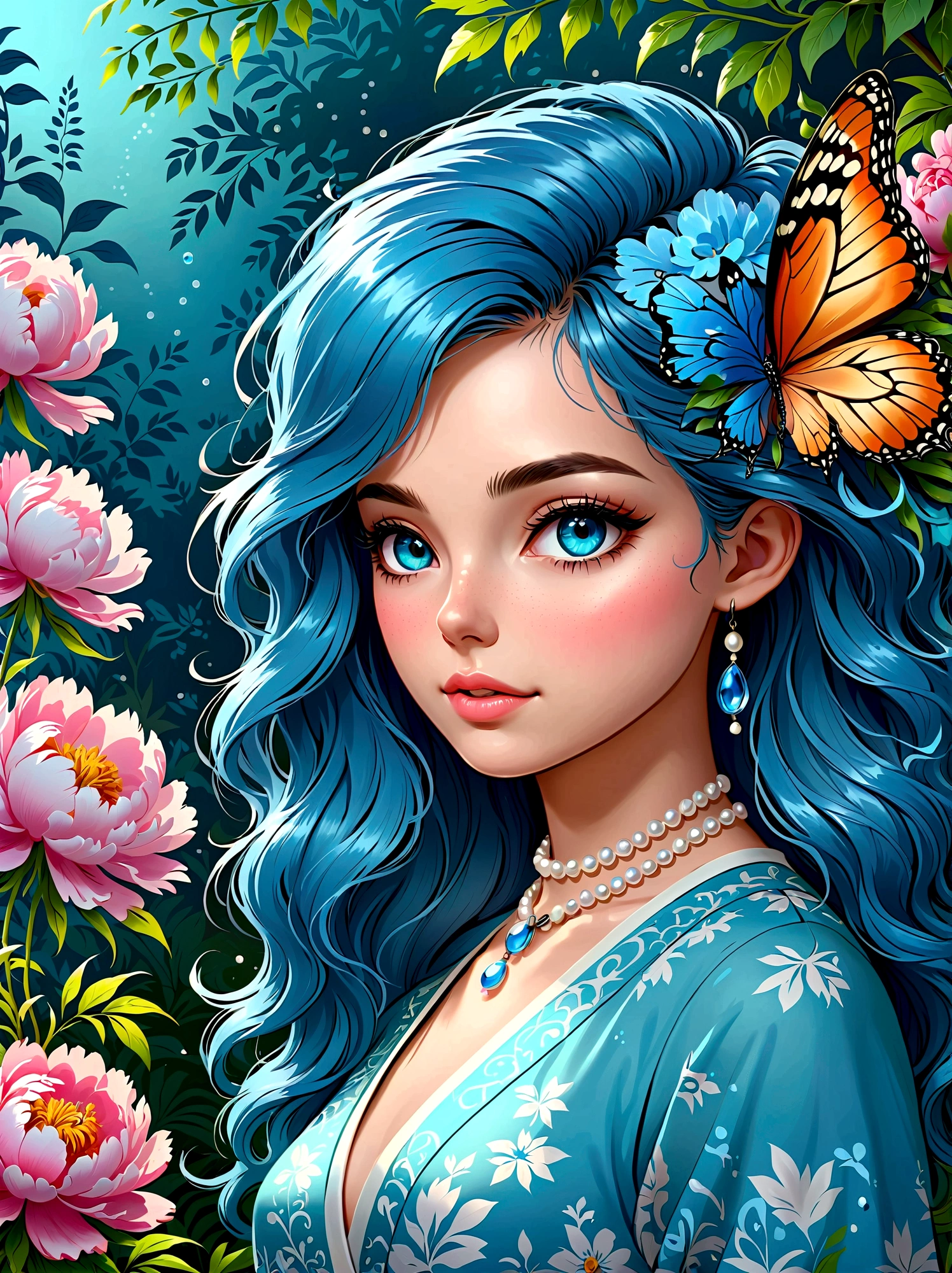 (masterpiece，Best quality:1.2，lifelike:1.4)，Cartoon Characters，Vector illustration，(1 Girl，Half Body)，Exquisite facial features，Detailed eye drawing，eyelash，Blush，Long hair，Exquisite makeup，Beautiful pearls on the head，blue华丽的汉服，Garden background blurred，concise，Glowing Butterfly，blue，Giant peony flower, 1kexx1