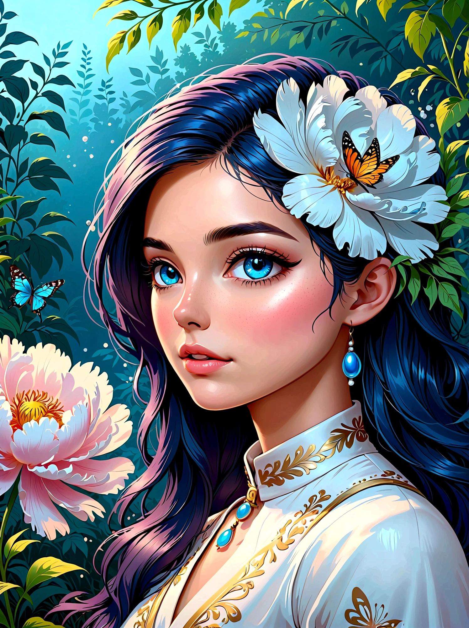(masterpiece,Best quality:1.2,lifelike:1.4),Cartoon Characters,Vector illustration,(1 Girl,Half Body),Exquisite facial features,Detailed eye drawing,eyelash,Blush,Long hair,Exquisite makeup,Beautiful pearls on the head,blue华丽的汉服,Garden background blurred,concise,Glowing Butterfly,blue,Giant peony flower, 1kexx1