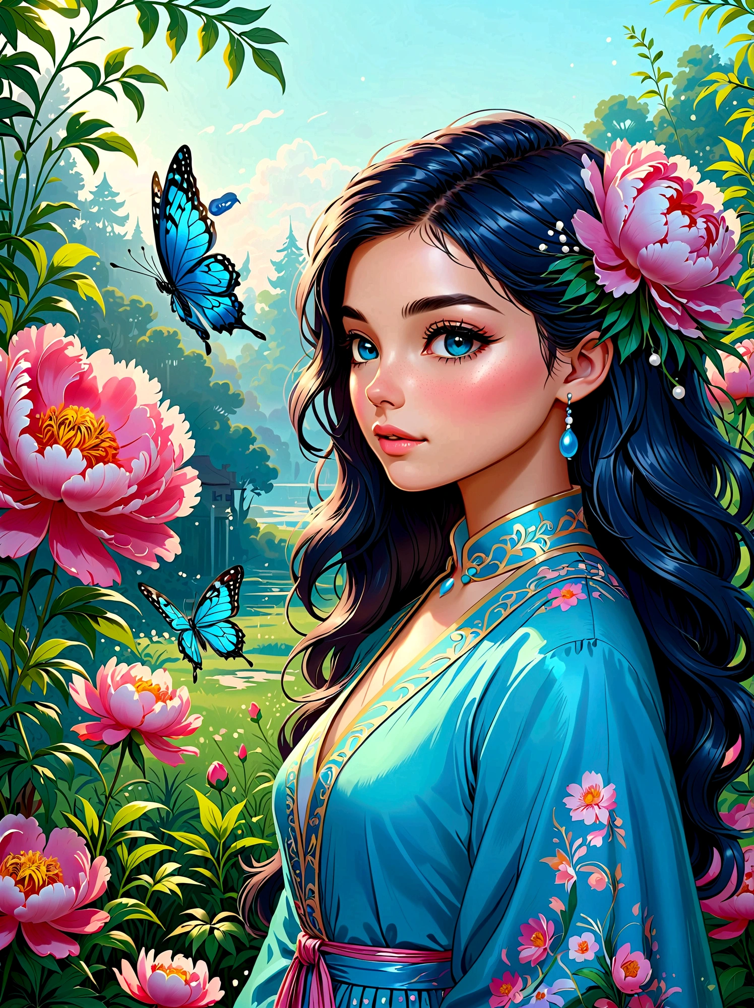 (masterpiece，Best quality:1.2，lifelike:1.4)，Cartoon Characters，Vector illustration，(1 Girl，Half Body)，Exquisite facial features，Detailed eye drawing，eyelash，Blush，Long hair，Exquisite makeup，Beautiful pearls on the head，blue华丽的汉服，Garden background blurred，concise，Glowing Butterfly，blue，Giant peony flower, 1kexx1