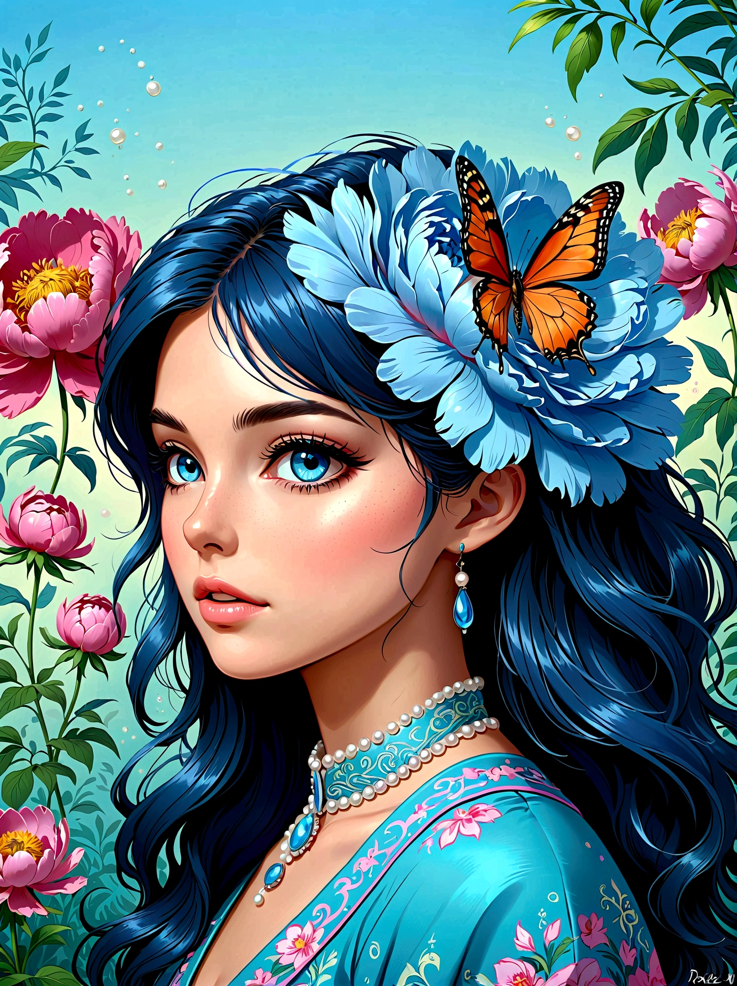 (masterpiece,Best quality:1.2,lifelike:1.4),Cartoon Characters,Vector illustration,(1 Girl,Half Body),Exquisite facial features,Detailed eye drawing,eyelash,Blush,Long hair,Exquisite makeup,Beautiful pearls on the head,blue华丽的汉服,Garden background blurred,concise,Glowing Butterfly,blue,Giant peony flower, 1kexx1