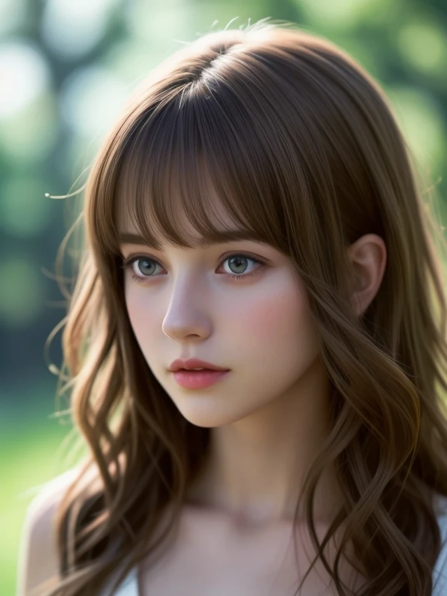 (looking away:1.4), (upper body shot:1.2), Realistic digital painting of a woman portrait, Shy, Cute, open mouth to say something, sad, blue eyes, (Wavy medium Hair:1.1), (light brown brunette hair:1.3), bangs, (Highly detailed skin:1.2), Mystical style, Global Illumination,