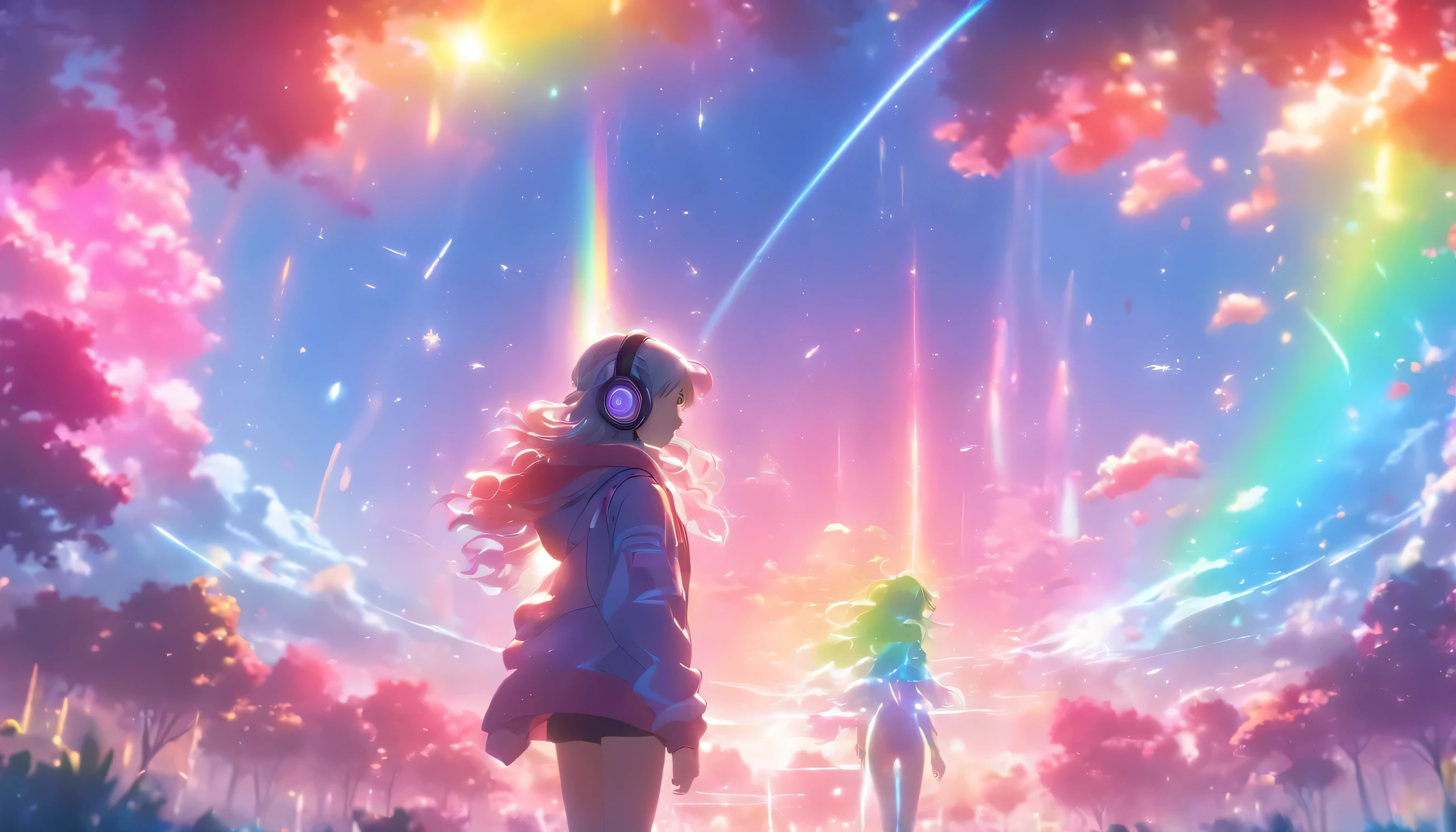 (((Beautiful tree々)))、((A large, shining sea of trees))、Super beautiful light、((Colorful light))、(A magnificent view of nature)、(((A spectacular natural backdrop)))8k,((cinematic light and shadow))、Countless lights、Transparent Prism、(((A scene from a movie)))、((Dazzling sunlight))、(((Rainbow light)))、((There are many different colors mixed together.))、((blue sky))、(((Ultra-realistic CG)))、Reflective Landscape、(((A small rainbow-shining figure)))、(Full body woman)、((hoodie))、(((Long legs)))、((skinny pants))((Wearing shiny futuristic headphones))、(((A small person standing in the distance)))、((Fashion Model))、((Long hair on one side))、sexy