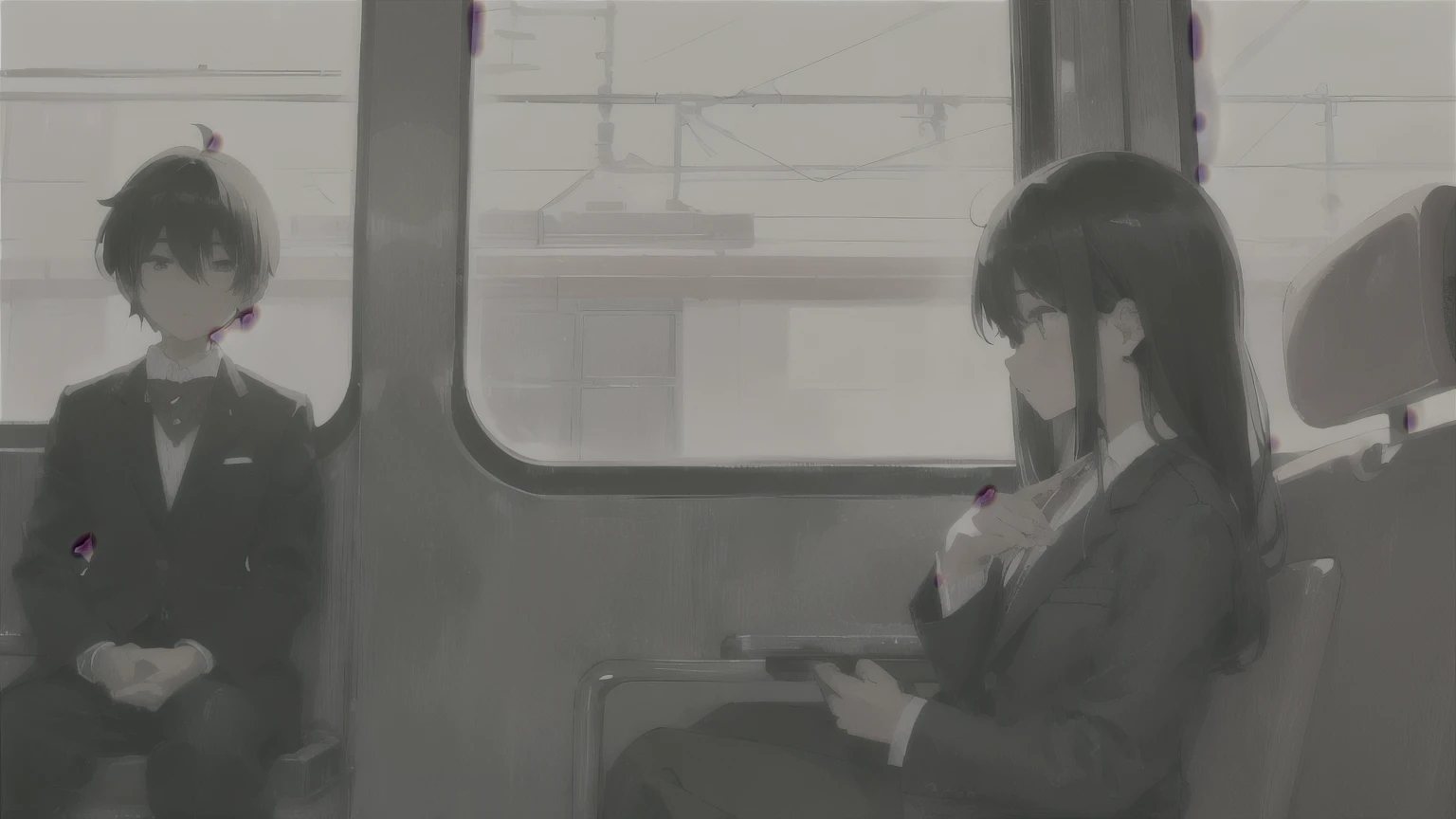 A boy in a blazer is looking out the window on a morning train in Japan. A girl in a blazer is looking at the boy from afar.