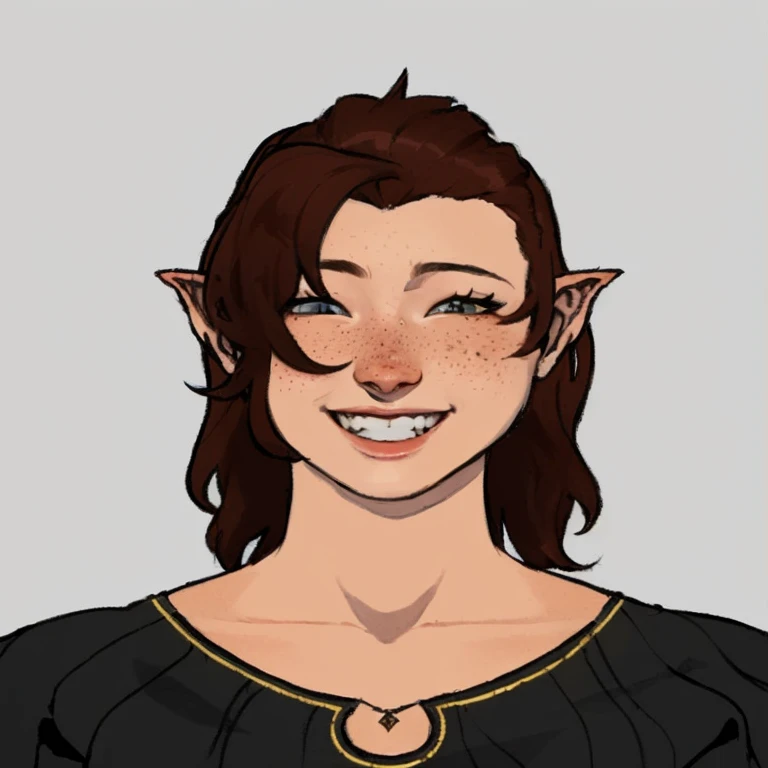 a cartoon drawing of a woman with a cat's face and a smile, dnd avatar portrait of halfling, elven character with smirk, dnd portrait of a tiefling, a portrait of an elf, a middle aged elf, portrait of a dnd character, female elfling, as a d & d character, portrait dnd, as a dnd character, best quality, freckles on face, chubby face, gap in teeth