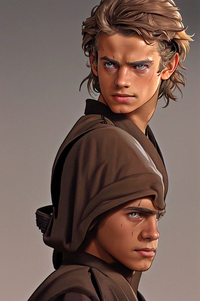 4K, HD, better quality, detailed, human, boy, dark brown eyes, anakin skywalker style, Anakin Skywalker hair, dark brown hair, serious, It's in a StarWars style city