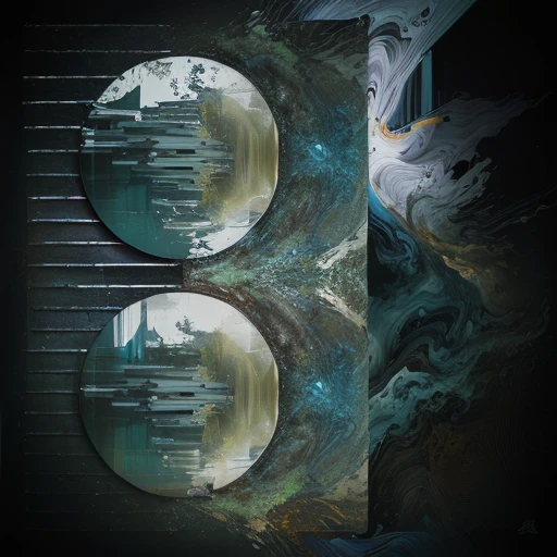 there are two circular mirrors on a metal pole, abstract album cover, archival pigment print, abstract concept, the nonlinear. digital painting, abstract forms and shapes, abstract holescape, abstract composition, digital collage, superimposed composition, abstract art representing data, digital mixed media painting, 2014, 2 0 1 4, abstract, 'untitled 9 '