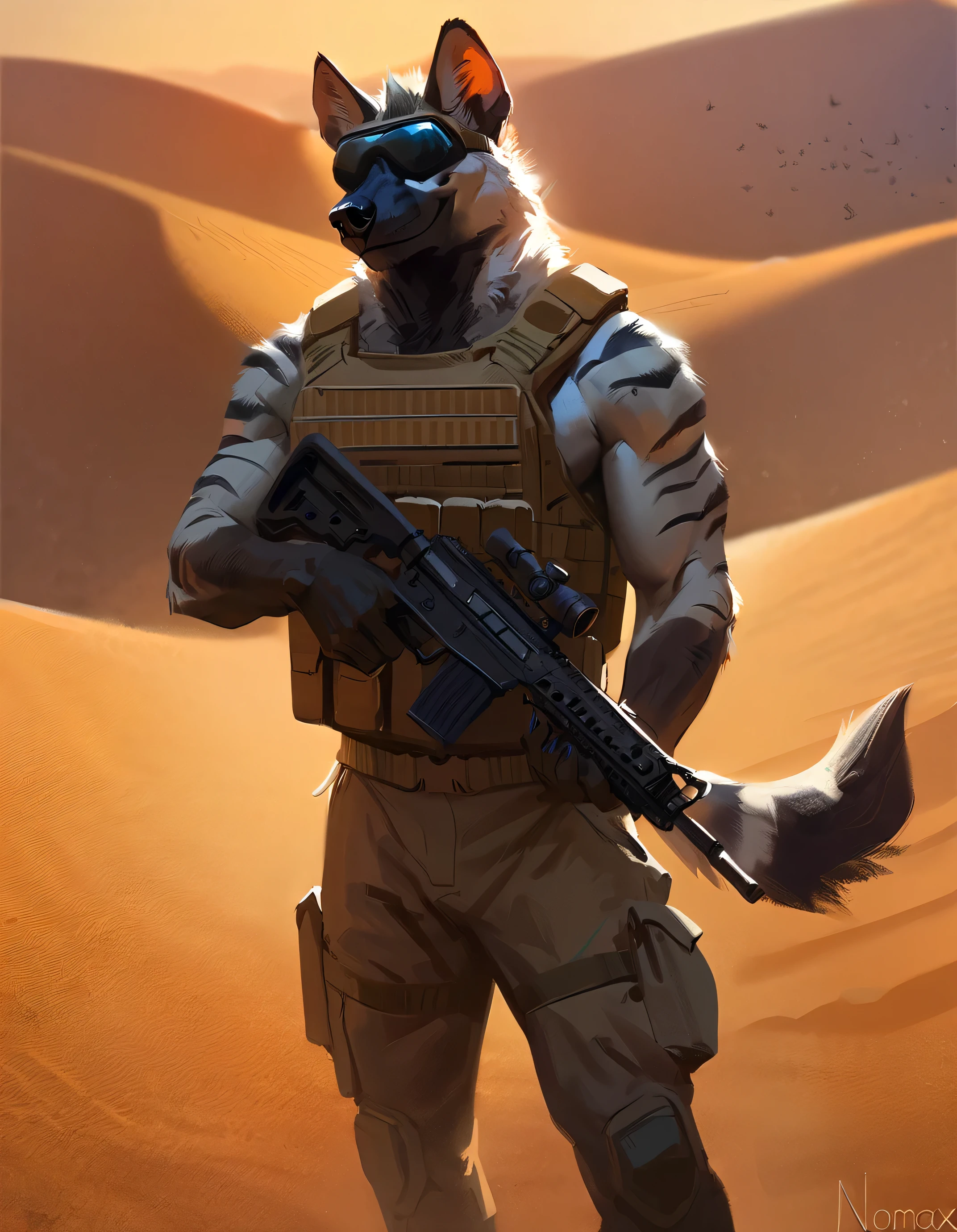 (striped hyena), (solo), male, anthro, (by nomax), (tail:1.3), (perfect hands), ((smug expression)), ((intricate detailed background, sahara desert background, dusk)), powerful silhouette, mysterious shadows), realistic shading, (epic, masterpiece, high quality, 8k, ultra HD, absurd res, top quality, best quality, max quality, masterpiece), ((thick fur, gray fur, beefy)), striped hyena tail, correct anatomy:1.2, ((mature male)), sexy, (standing, looking at viewer), wearing bulletproof vest, ((((wearing tactical doggles)))),