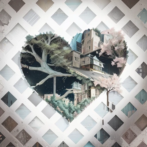 there is a heart shaped picture with a picture of a building and a tree, diamond, heart, broken heart, digital collage, faceted, digital mixed media painting, collage art background, collage artwork, mixed media style illustration, 2 0 1 4, 2014, broken hearted, inspired by Gao Cen, in style of digital illustration, hq artwork, heartbreak