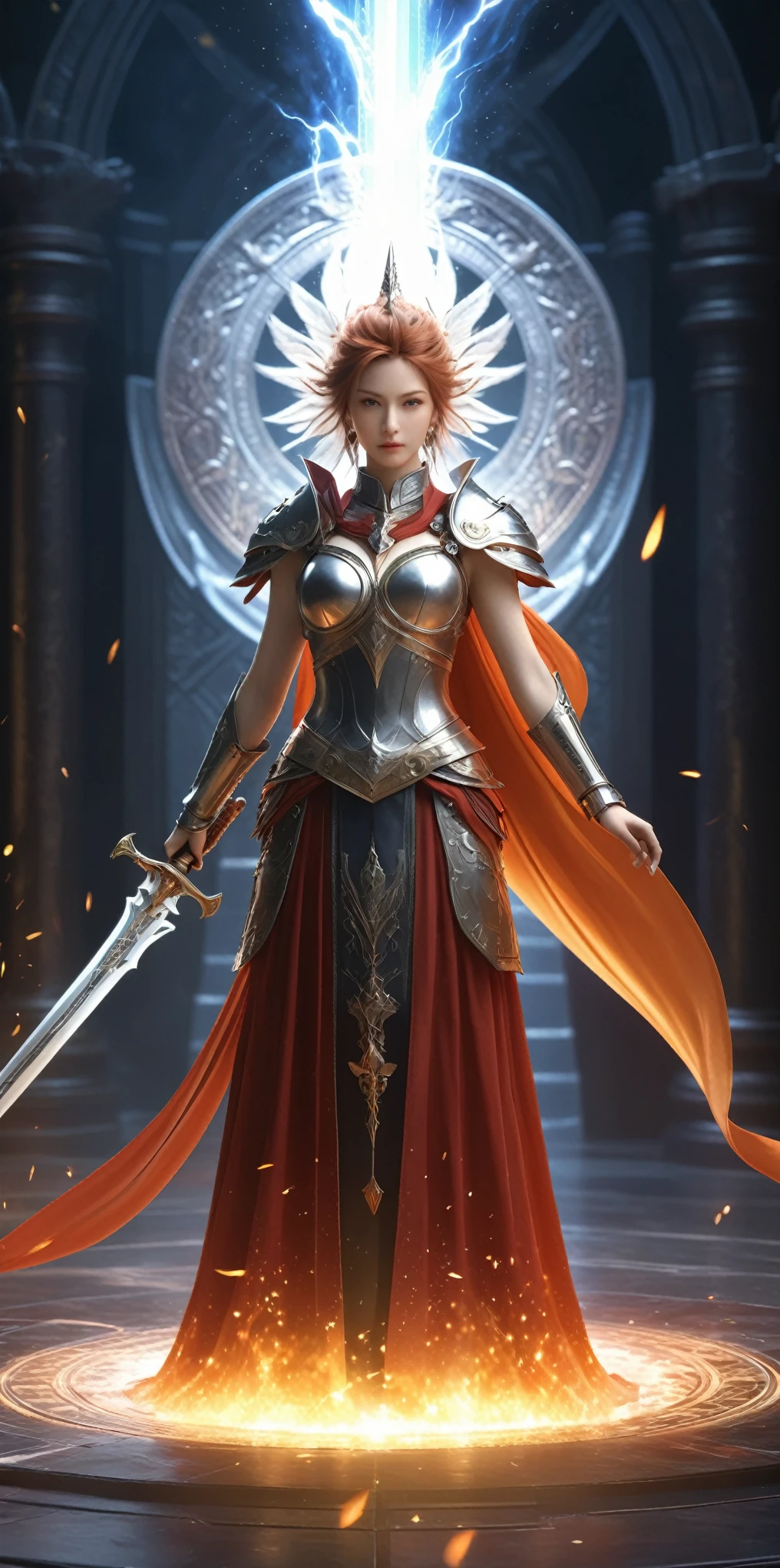 (8k, highest quality, masterpiece, final fantasy style: 1.2), (Realistic, photoRealistic: 1.37), Super detailed, One Girl, Paladin with a sword imbued with light, Wide viewing angles, huge firm bouncing bust, Very delicate depiction, Miniature painting, Detailed depiction of the face, Detailed depiction of hair, Accurate skeleton, Dress with intricate patterns, Complicated armor, long thick sword,dream-like,Ultra-realistic mixed fantasy world,A mix of realistic and fantastical elements,Magical Effects,(Magic circle on the ground, Casting a Spell, Swirling Magic, Light particles),Dynamic Light,red,fire, red fire eyes,elegant,Rays of Sin,dark,(dark magic), (strict), The battle between good and evil, (Excalibur:1),(Swirling Flames:1),universe, lightning, eruption, magic circle, Complex patterns, Phoenix, Shiva, Titan