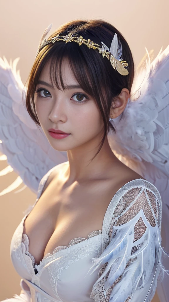 (A Ultra cute young Japanese Angel:1.75), (She has real Angel wings:1.75),(she wearing a decorated with feathers and lace holy angel costume slim fit:2.0),(She is an angel floating in the air:1.5),(beautiful detailed eyes:2.0),beautiful detailed lips, (extremely detailed cute face:2.0), longeyelashes, (slender woman body:2.0), (beautiful short hair:2.0), (natural makeup:1.2),big smile, incredibly beautiful skin,(professional lighting, bright lighting, photorealistic, 8k, high resolution, best quality, masterpiece, ultra-detailed:1.75), vivid colors, (Moonlit Night:1.5),(The moonlight shines on her face:1.2)