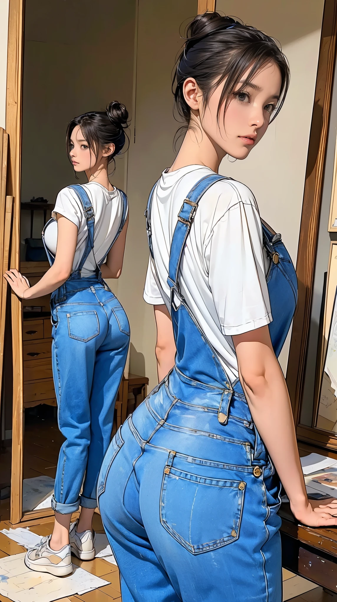 ((masterpiece)),(((highest quality))),((Reference Sheet, Character Design, front, return, ~ ~ side, Mr..々Hairstyle, Mr..々Performance, Facial Expressions)), 14-year-old girl, Cute type, (Very slim:1.4), (Very small ass:1.4), Realistic buttocks, Big Breasts, Short Bob, Thin thighs, Long legs, It's not a big deal, ((Beautiful artist in jeans overalls、After painting on a large canvas、Relax in the art studio。, sneakers, 19th century Parisian artists, Messy hair bun)), ((Browsing Caution:1.0))
