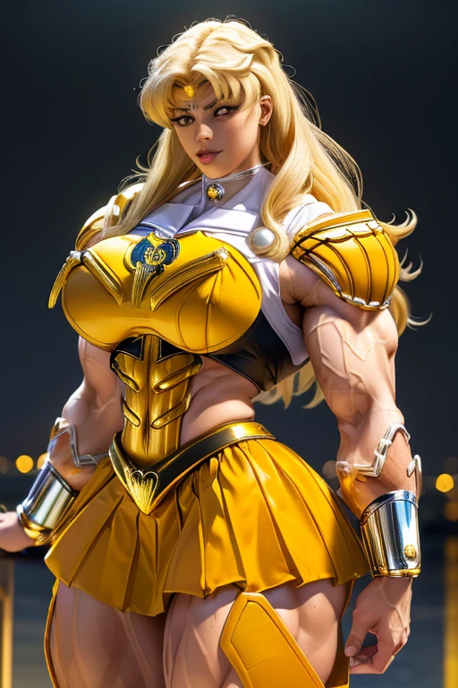 (((Massive, tall, beautiful, buff, light brown skinned muscular woman with yellow hair, black lipstick, ginormous bulky muscles and wearing a yellow mechanized sailor moon suit and skirt))), (close view), massive muscles, massive biceps, hyper muscle triceps, (long flowing hair), choker, gray eyes, black tiara, sailor moon boots, fire, red aura, Mars, night time, smirk, hyper muscles arms, hyper muscle legs, (massive arms)