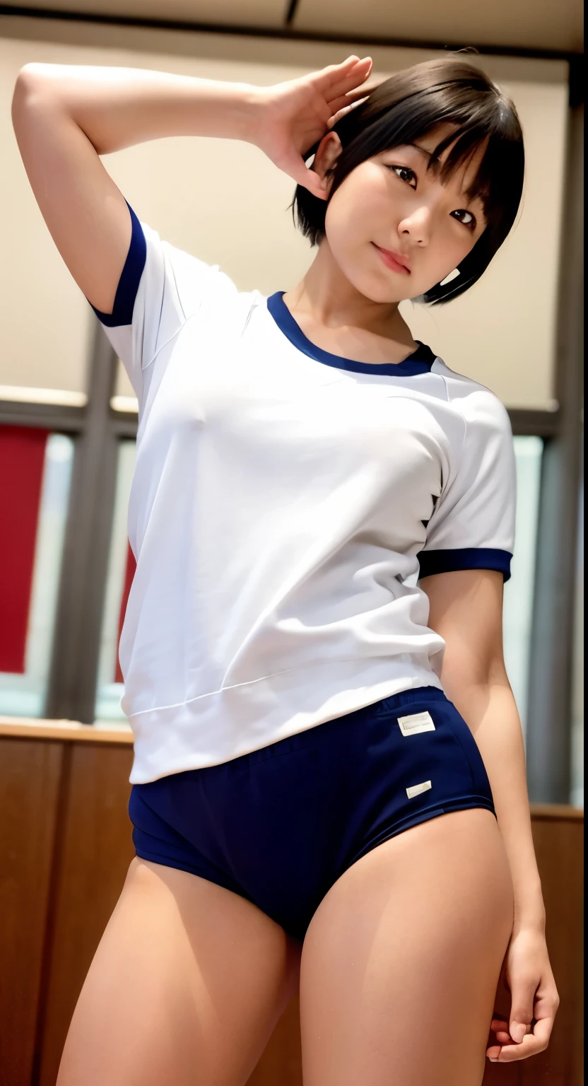 (8k, RAW Photos, highest quality, masterpiece:1.2), (Realistic, photo-Realistic:1.4), (Highly detailed 8k wallpaper), Beautiful Japanese Women, short hair, Black Hair, Are standing, ((School gym dark blue buruma with side lines)), School gym, ((Athletic dark Blue Bloomers with whiteSideLines)), ((School White T-Shirt)), (School gym uniform), Small breasts, The shirt is half-hiding the bloomers、There is no nail polish