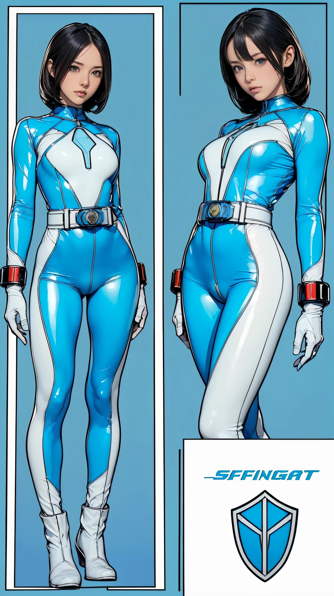 ((masterpiece)),(((highest quality))),((Reference Sheet, Character Design, front, return, ~ ~ side, Mr..々Hairstyle, Mr..々Performance, Facial Expressions)), , Cute type, (Very slim:1.4), (Very small ass:1.4), Realistic buttocks, Big Breasts, Short Bob, Thin thighs, Long legs, ((Light Blue Enamel Power Rangers、Big Breasts、Cover all breasts at all times、Wearing a light blue leather full body suit、Large emblem on the chest、Always wear a belt with a large buckle, White suit、Truly a Sentai hero)), ((Browsing Caution:1.0))