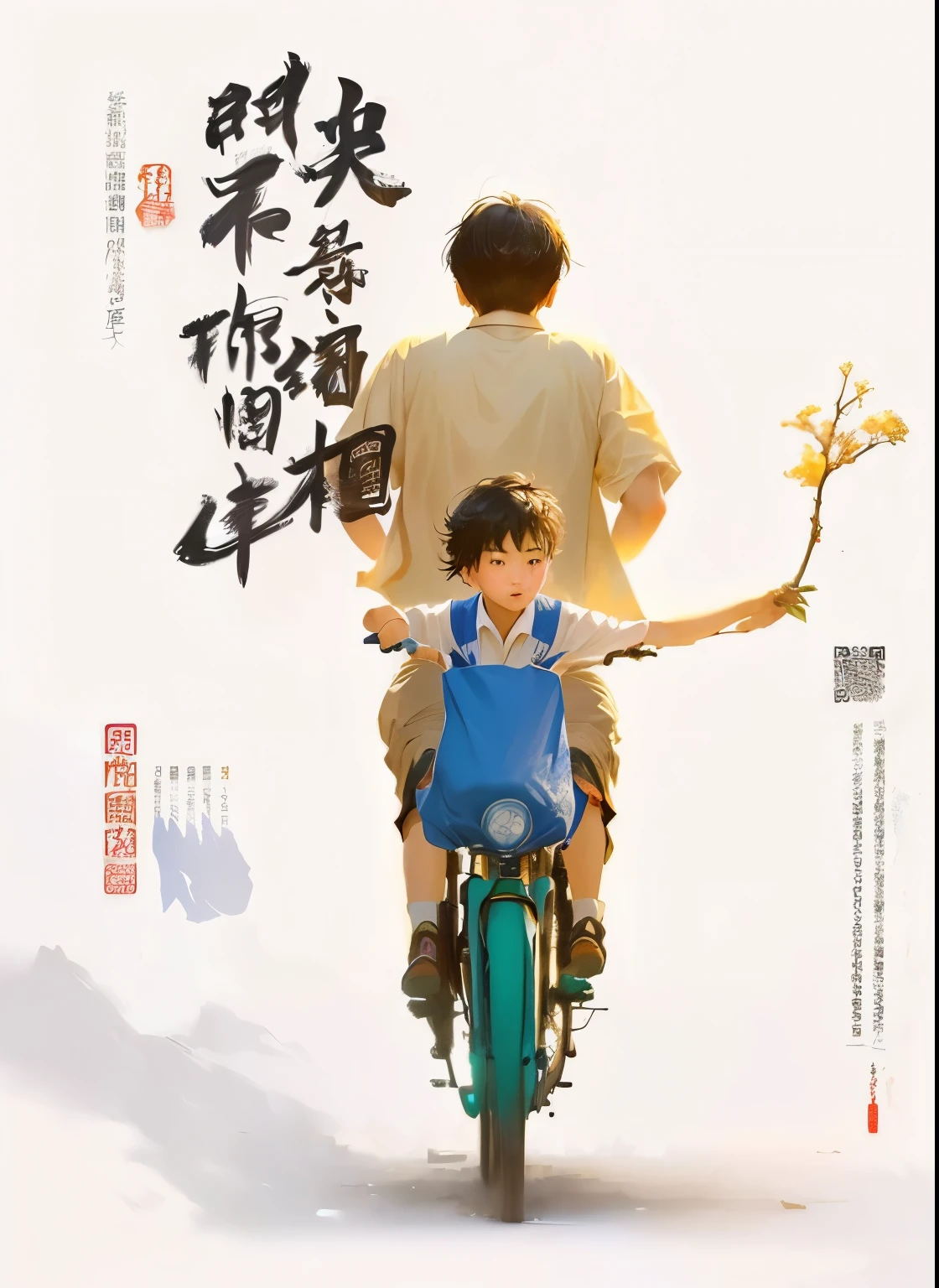 Chinese poster of a boy and a girl riding a bicycle, by Yan Hui, Inspired by Chen Daofu, Ghost Festival, by Yi Yuanji, by Ni Yuanlu, by Chen Daofu, Poster of Ruan Jia, by Yao Tingmei, by Zhou Fang, Concept art of single boy