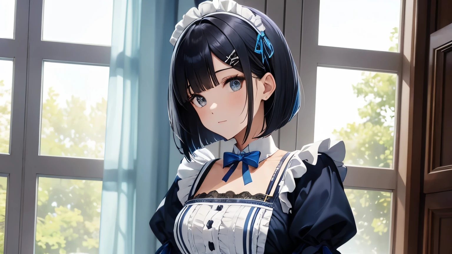 A beautiful girl wearing a blue maid outfit with lots of frills and lace　Black bob with hair ornament　Upper Body