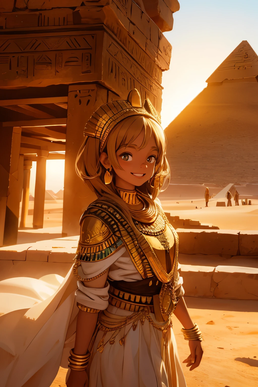 a young girl visiting the egyptian pyramids, smiling, adventurous style, energetic, highly detailed, photorealistic, 8k, hyperrealistic, extremely detailed, cinematic lighting, warm color tones, dramatic shadows, ornate jewelry, intricate clothing details, confident pose, dynamic composition, golden hour lighting, volumetric fog, atmospheric haze