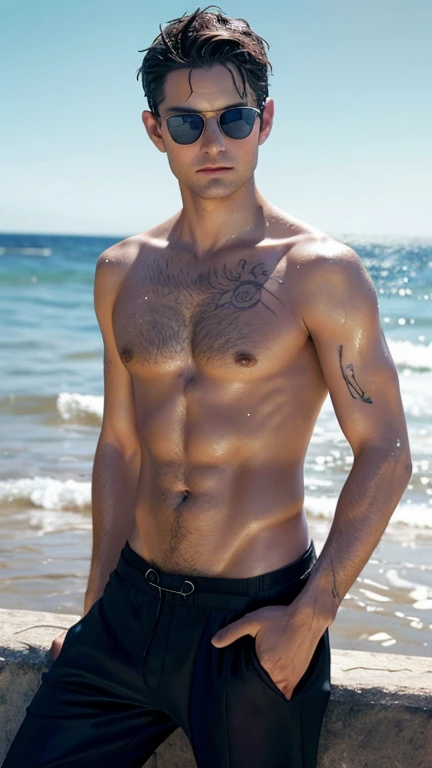 Tobey Maguire shirtless and sexy wet body with his sunglasses, wet tight brief, (Vogue magazine cover:1.4), best quality, masterpiece, very aesthetic, perfect composition, intricate details, ultra-detailed, hairy pubic, pierce ear and tattoo, ethnic style