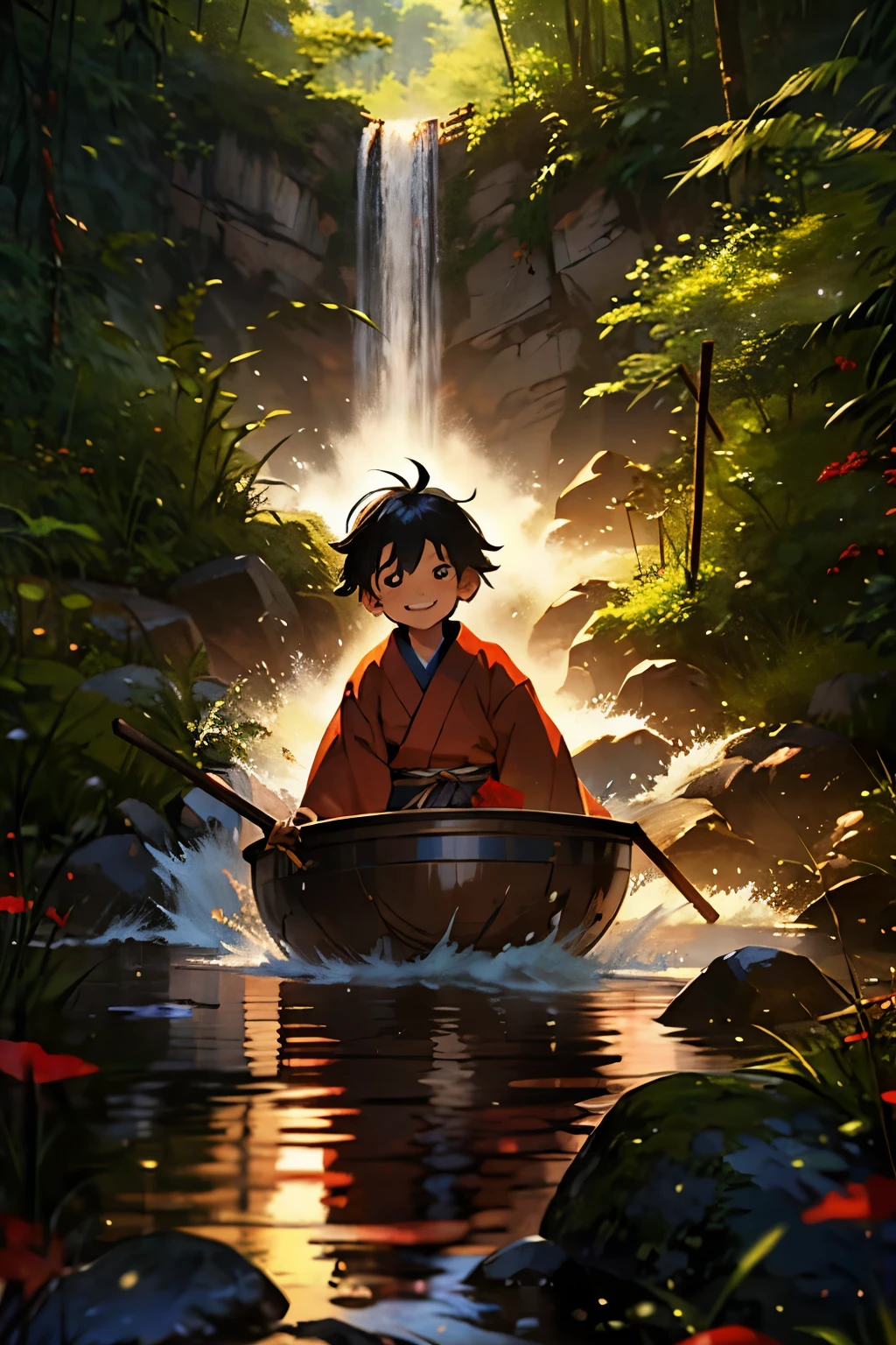 A tiny little Issunboshi crossing a raging river in a big bowl、(Riding on a big bowl)、Cute smile、(Little Boy)、Wearing a red hakama、Toothpicks replace everything、Edo period scenery