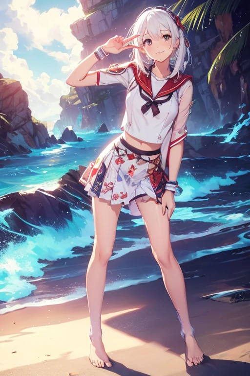 CG, Unity, 8k, wallpaper, highest quality, masterpiece, One girl, Cheerful girl, 17 years old, (Bright smile: 1.2), barefoot, Best lighting, Complex pupil, Complex weaving,Low - Angle,White Hair,Hair covering one eye,whole body,((White background))