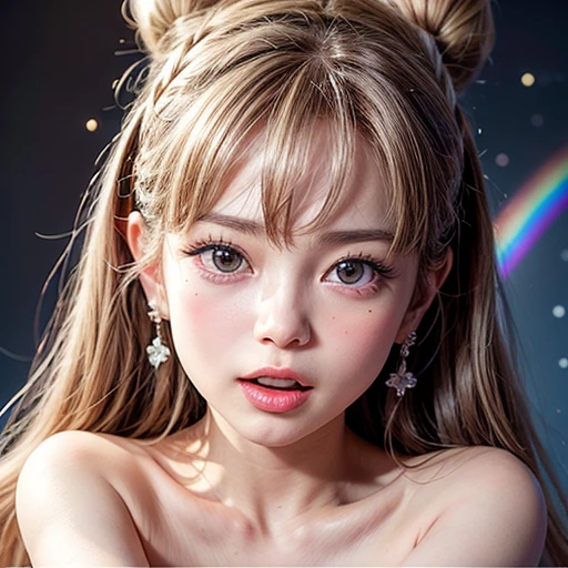 NSFW, 8k, High-level, absurd, masterpiece, best quality, primitive, very detailed CG, very detailed wallpaper, perfect lighting, Extremely detailed (((The personifying " Farrah Fawcett Majors " as a Little Girl))), MysticSight, Tyndall effect, Tyndall scattering, Studio gray background with (many Dazzling RainbowColor particles BokeH:1.28), (RoundlyButts, ThighGap), (Exposed:0.4), (Assfocus with looking ahead), BREAK (NOGIZAKA face variations) Extremely Detailed very KAWAII face variations, perfect anatomy, Childish, captivating gaze, elaborate detailed Eyes with (sparkling highlights:1.28), long eyelashes、Glossy RED Lips with beautiful details, Coquettish tongue, Rosy cheeks, Radiant PearlSkin with clear transparency . { (Dynamic LifeLike expressions:1.4) | :d) }, (large eyes:-1) .