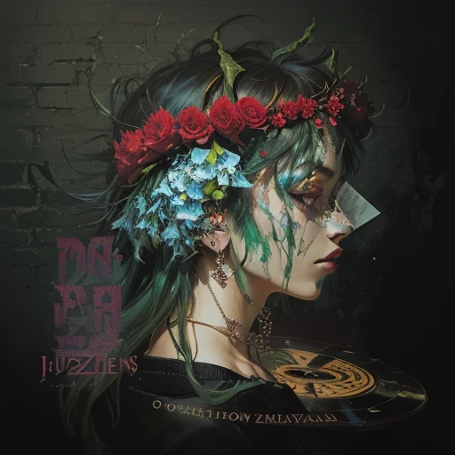 painting of a woman with a flower crown on her head, cover art, cd cover artwork, gorillaz art, inspired by Yoshitoshi ABe, by lovecraft, album artwork, album cover art, inspired by Austin Osman Spare, album art cover, album cover, album cover concept art, cover illustration, inspired by Antonin Artaud, 2 d gorillaz