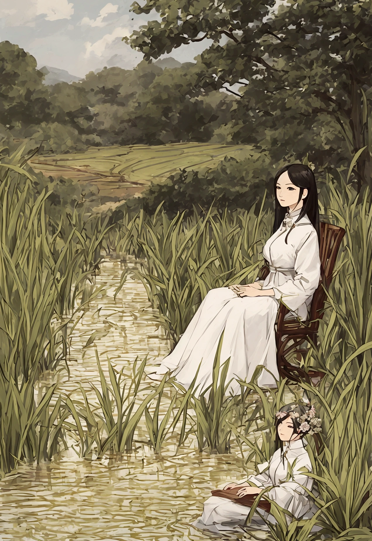 Illustration of a rich woman sitting and looking at a rice field. Wide angle, straight face, Tha Ro card style.