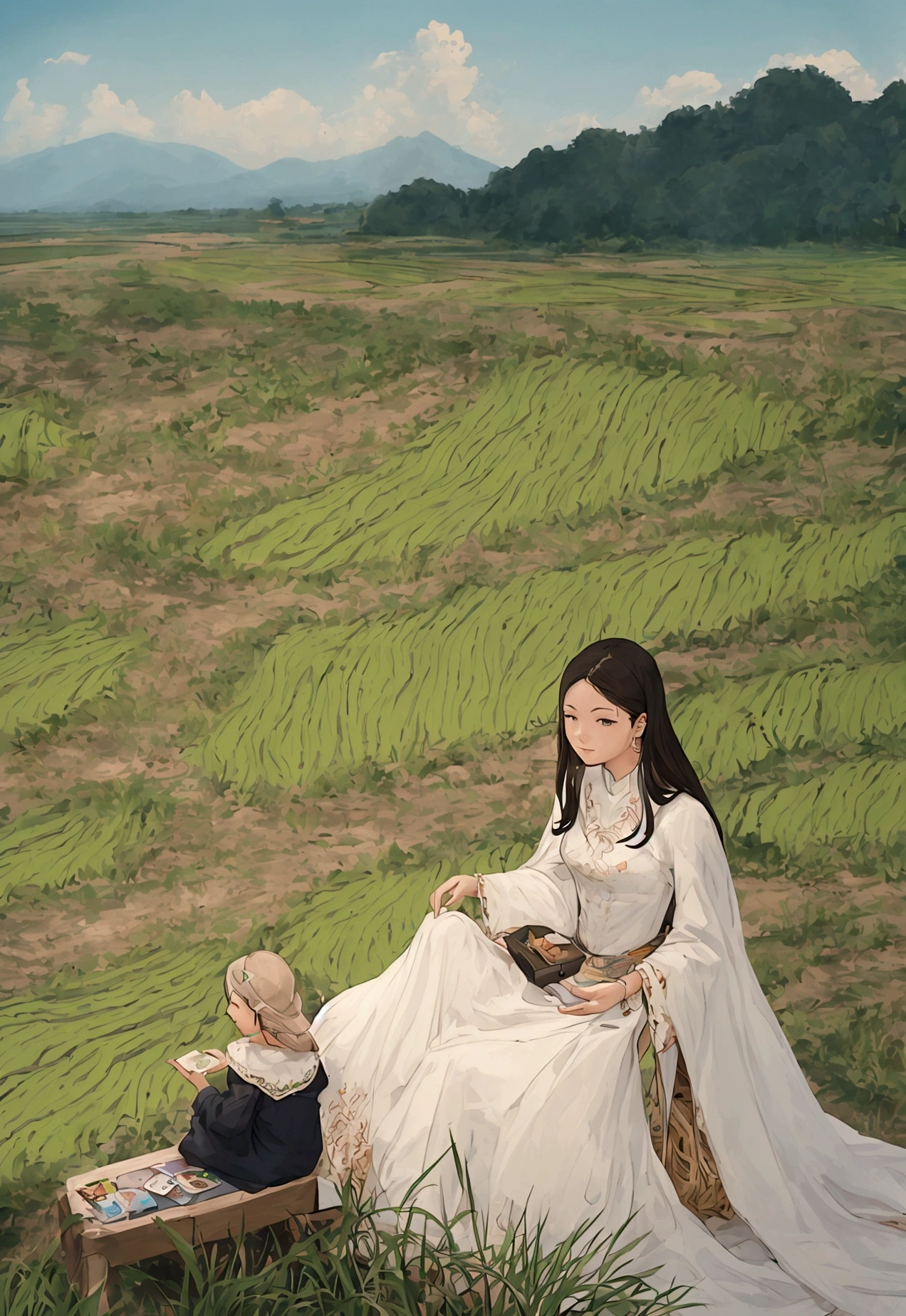 Illustration of a rich woman sitting and looking at a rice field. Wide angle, straight face, Tha Ro card style.