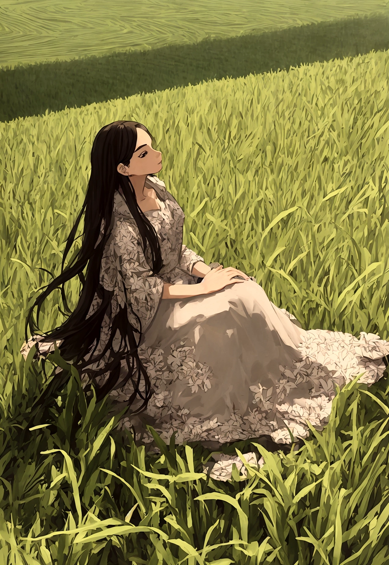 Illustration of a rich woman sitting and looking at a rice field. Wide angle, straight face, Tha Ro card style.