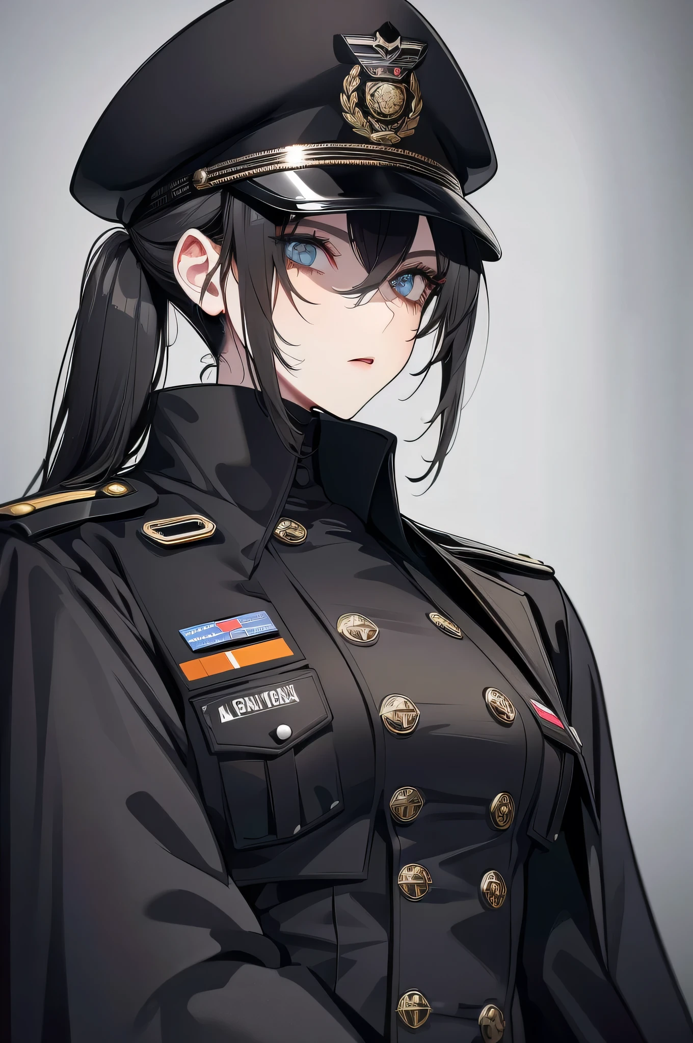 1 girl, solo, arafed women in a black uniform and a black hat, a black dieselpunk policewoman, in black military uniform, detective coat, officer, black greatcoat, police uniform, in black uniform, black armored uniform, dark coat, full uniform, inspired by Horace Vernet, officers uniform, he is wearing a black trenchcoat, dressed in black body armour, mask