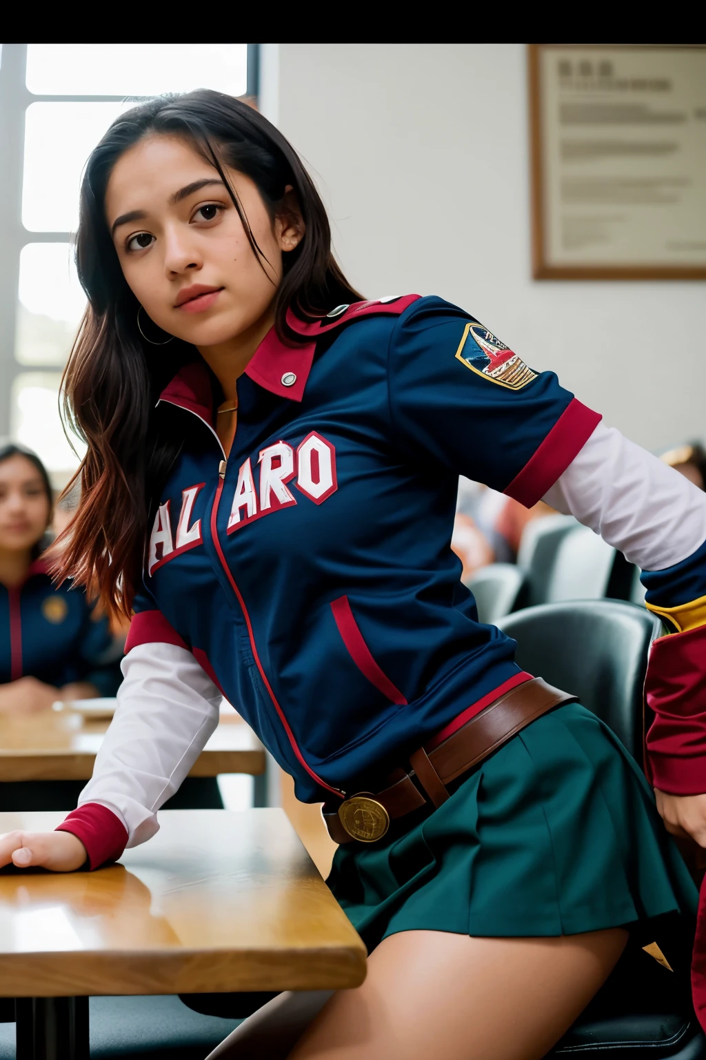 Captura de pantalla de My hero Academia.
Chica de cabello crespo y largo, tigreña, alta con una cicatriz como la de shoto todoroki, con pecas linda, tiene ojos rosas, She has a serious expression, she is wearing the UA uniform and in the background she has a UA school class, she is sitting at a table next to Todoroki., bakugo y deku