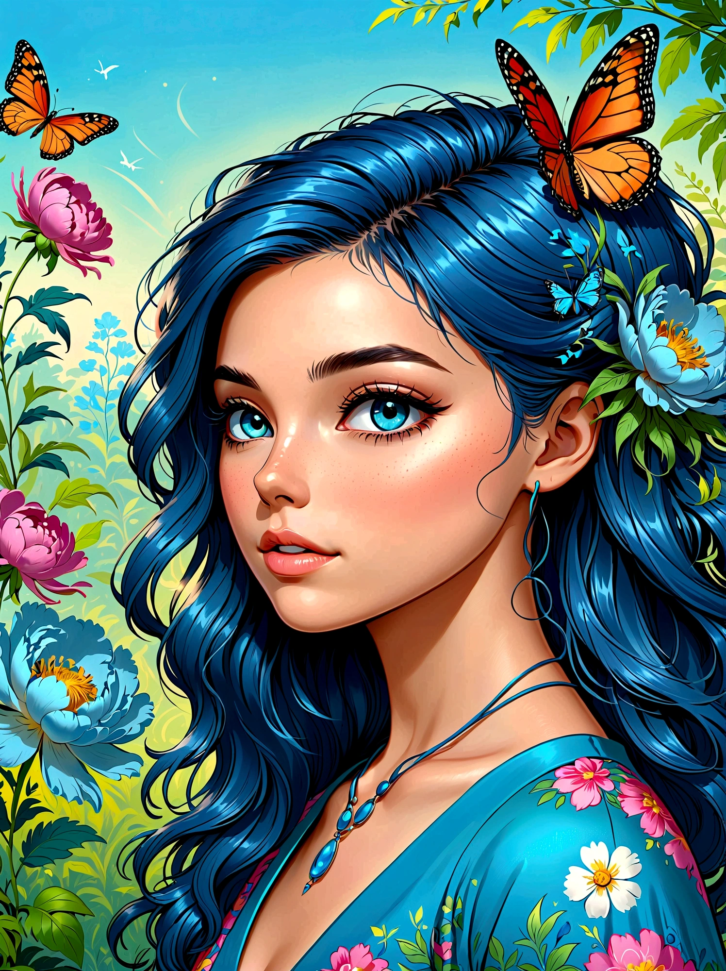 (masterpiece,Best quality:1.2,lifelike:1.4),Cartoon Characters,Vector illustration,(1girl,Half Body),Exquisite facial features,Detailed eye drawing,eyelash,Blush,Gorgeous clothes,Colorful hair,Dreadlocks,Unique and wild hairstyle,Exquisite makeup,blue华丽的汉服,Garden background blurred,concise,Glowing Butterfly,blue,Giant peony flower, 1kexx1